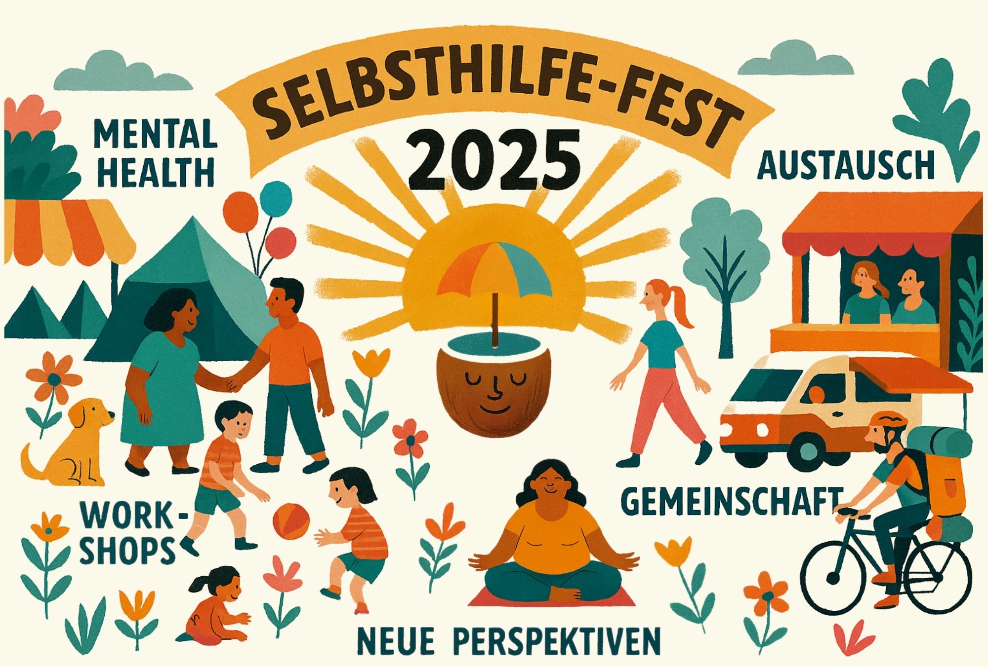 Illustrierte Collage eines Festes zum Thema und mit den Begriffen Selbsthilfe, Gemeinschaft, Austausch & Mental Health